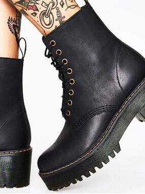 Dr. Martens Black Leather Platform Combat Boots with Yellow Stitching